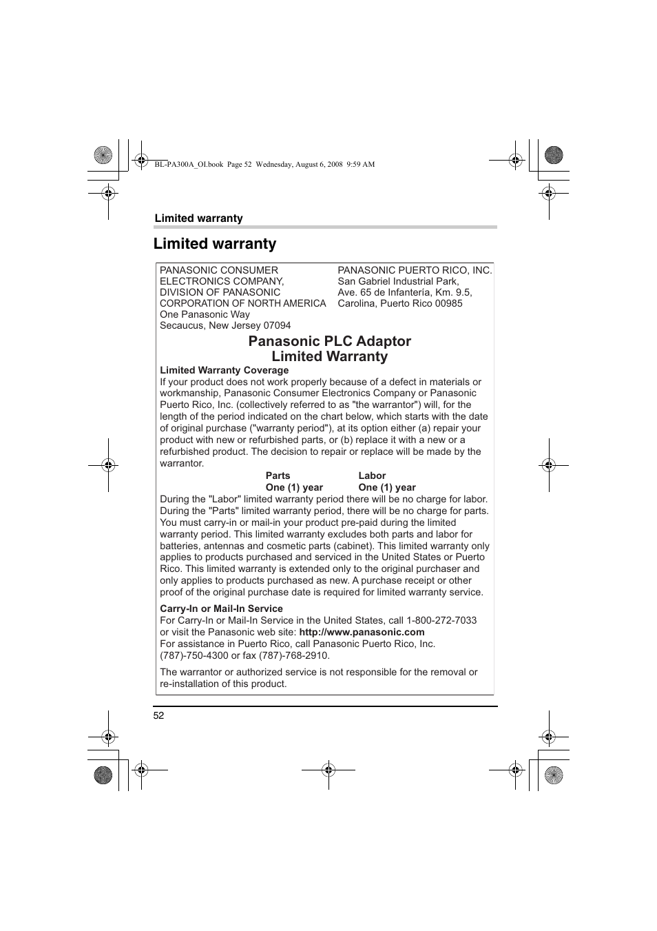 Limited warranty, Panasonic plc adaptor limited warranty | Panasonic BL-PA300A User Manual | Page 52 / 56