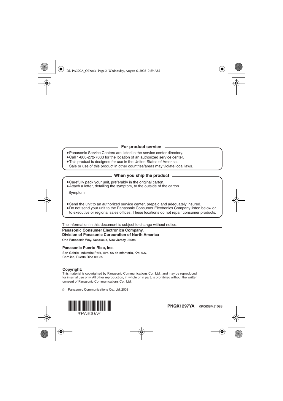 Panasonic BL-PA300A User Manual | Page 56 / 56