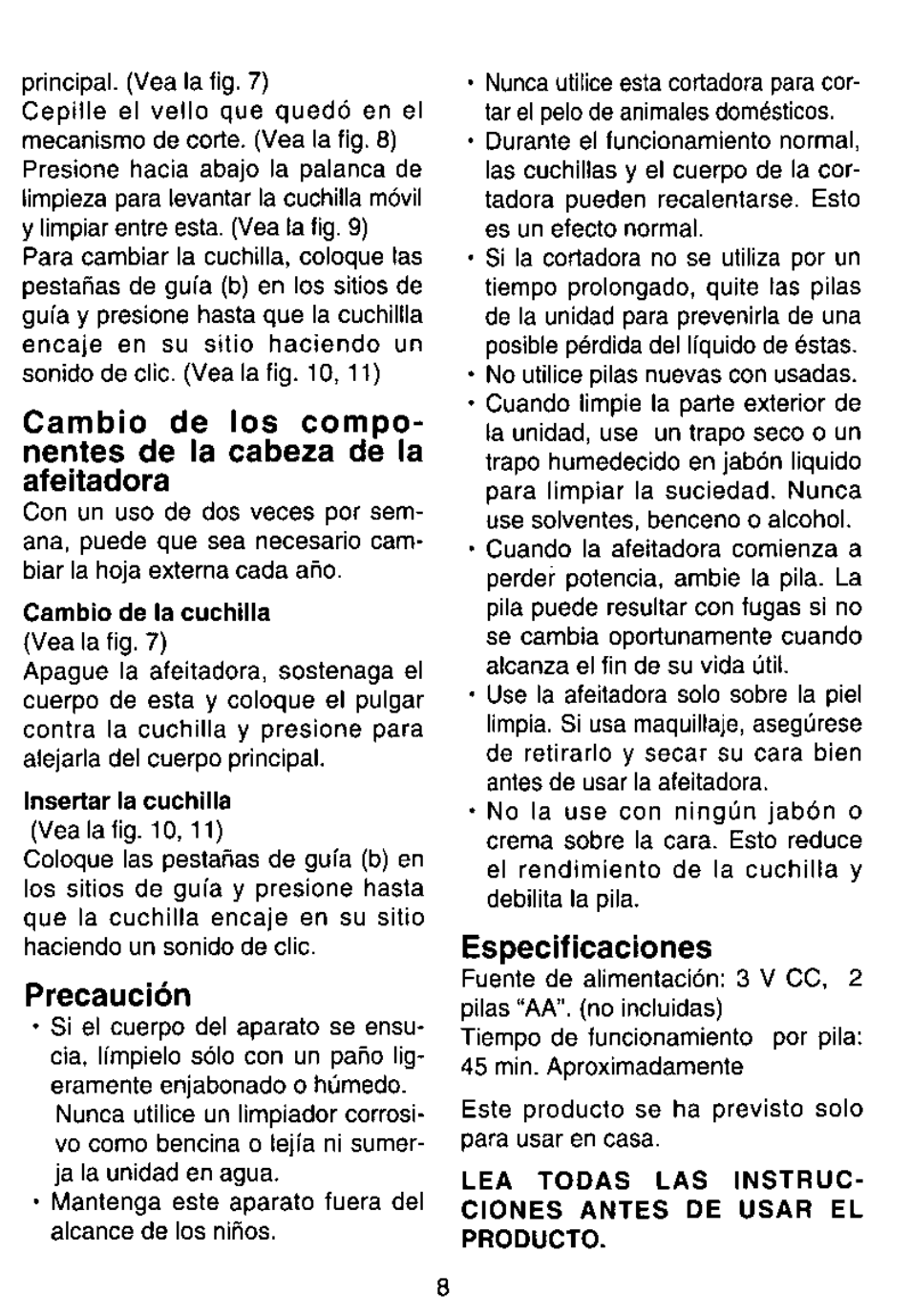 Precaución, Especificaciones | Panasonic ES246 User Manual | Page 8 / 12