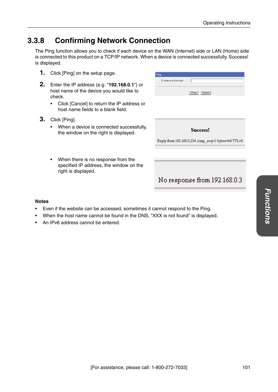 8 confirming network connection, Functions 3.3.8 confirming network connection | Panasonic BBHGW700A User Manual | Page 101 / 142