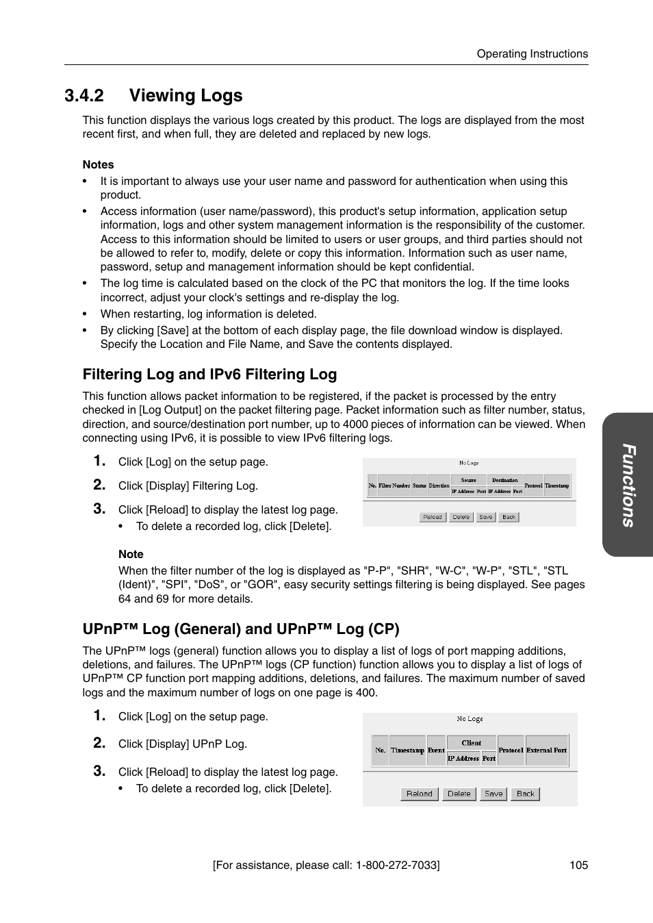 2 viewing logs, Functions 3.4.2 viewing logs, Filtering log and ipv6 filtering log | Upnp™ log (general) and upnp™ log (cp) | Panasonic BBHGW700A User Manual | Page 105 / 142