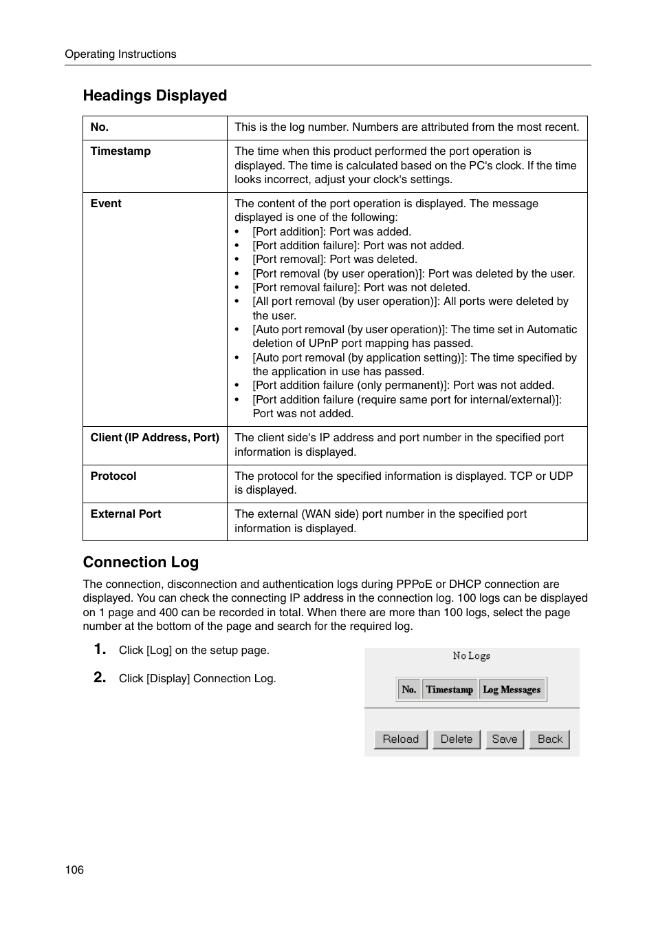 Headings displayed connection log | Panasonic BBHGW700A User Manual | Page 106 / 142