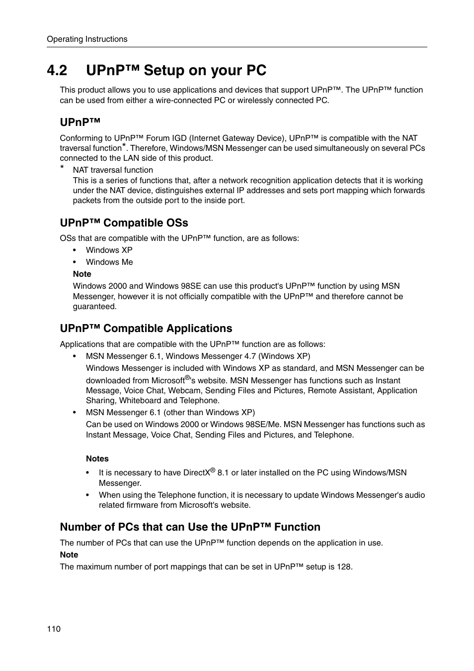 2 upnptm setup on your pc, 2 upnp™ setup on your pc, Upnp | Upnp™ compatible oss, Upnp™ compatible applications, Number of pcs that can use the upnp™ function | Panasonic BBHGW700A User Manual | Page 110 / 142