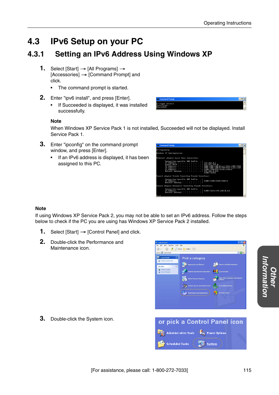 3 ipv6 setup on your pc, 1 setting an ipv6 address using windows xp, Ot he r inf o rmation | Panasonic BBHGW700A User Manual | Page 115 / 142