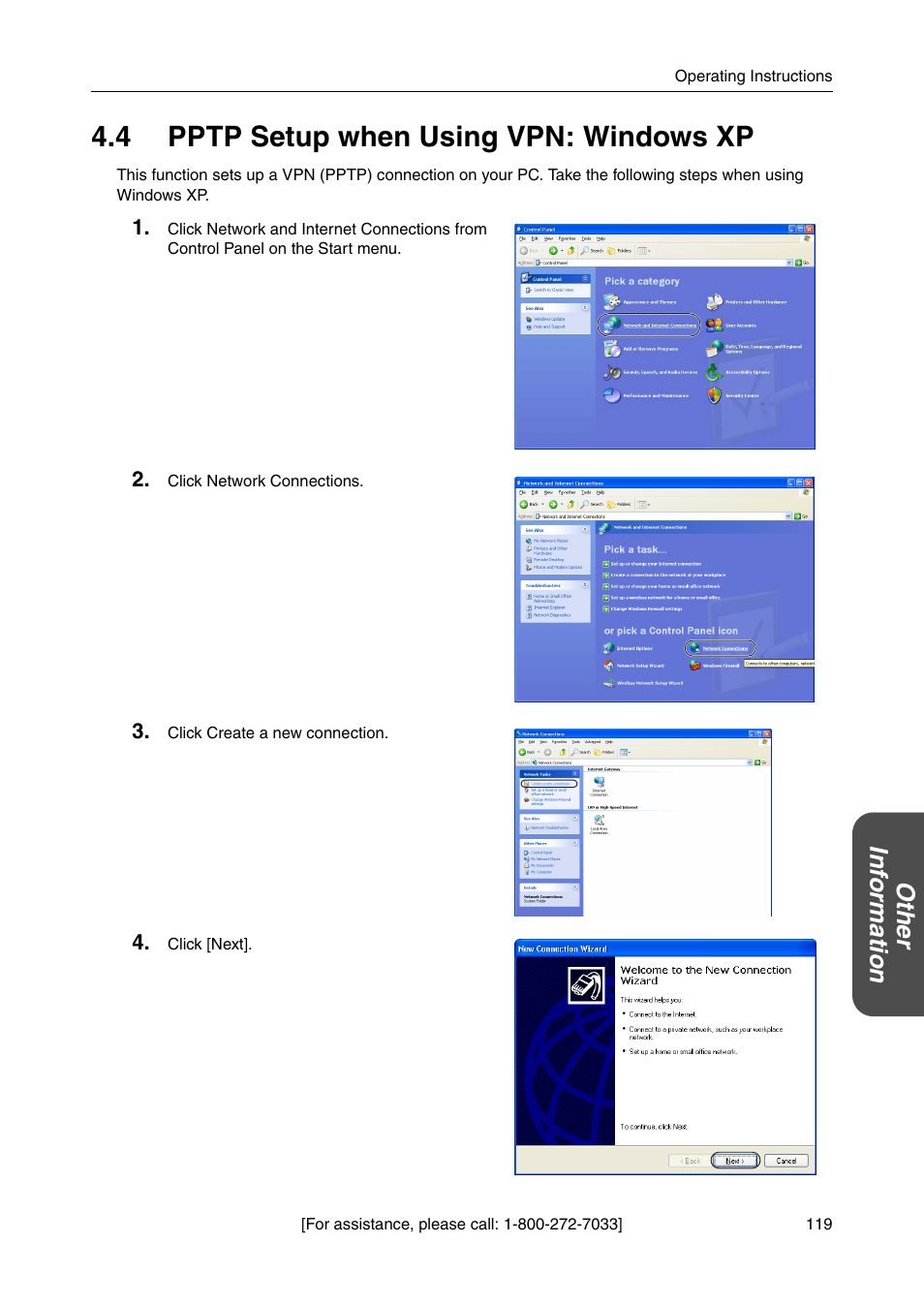 4 pptp setup when using vpn: windows xp, Ot he r inf o rmation | Panasonic BBHGW700A User Manual | Page 119 / 142