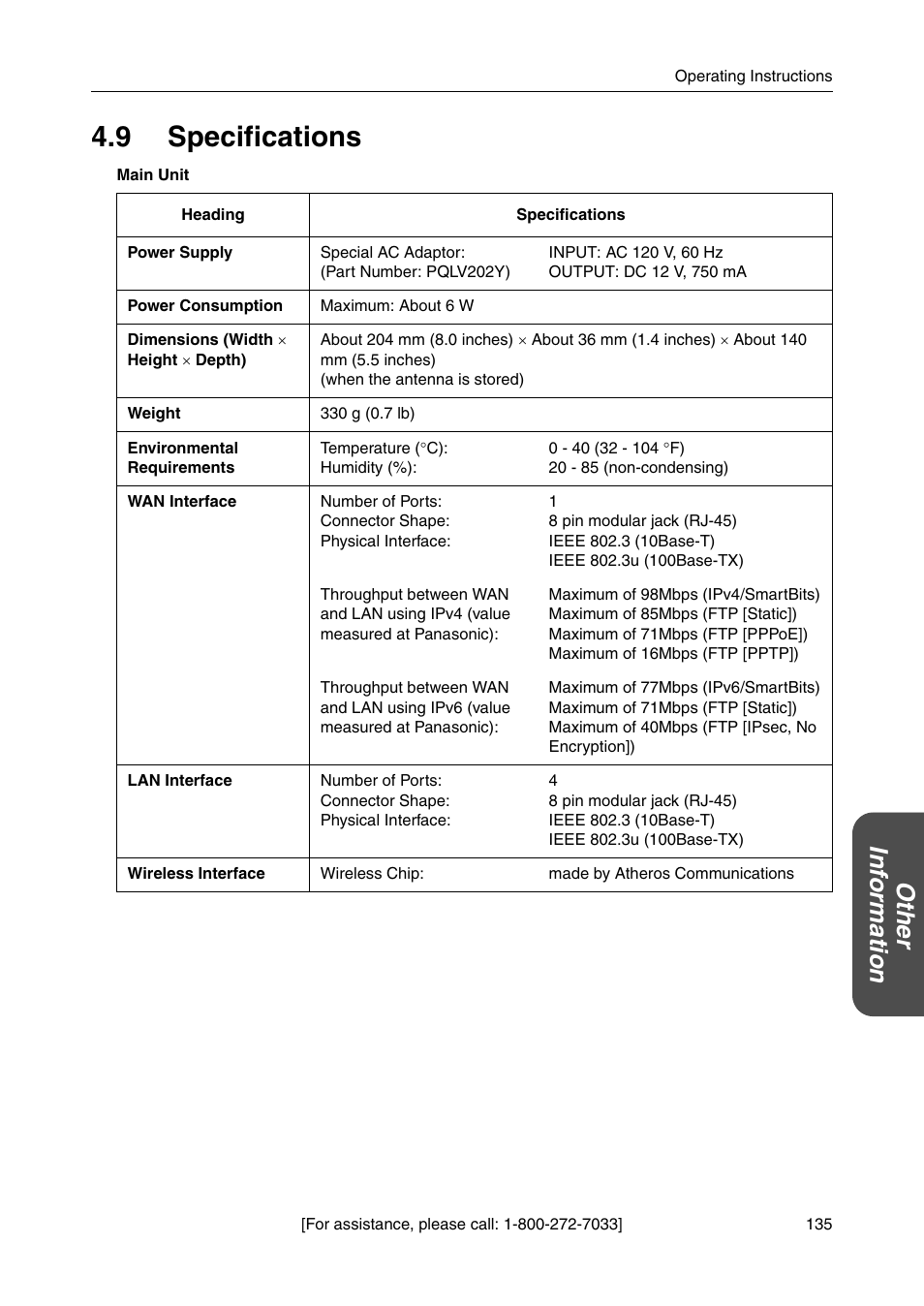 9 specifications, Ot he r inf o rmation | Panasonic BBHGW700A User Manual | Page 135 / 142