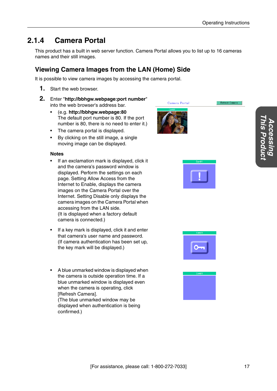 4 camera portal, Ge 17), Accessing this pr oduct 2.1.4 camera portal | Viewing camera images from the lan (home) side | Panasonic BBHGW700A User Manual | Page 17 / 142