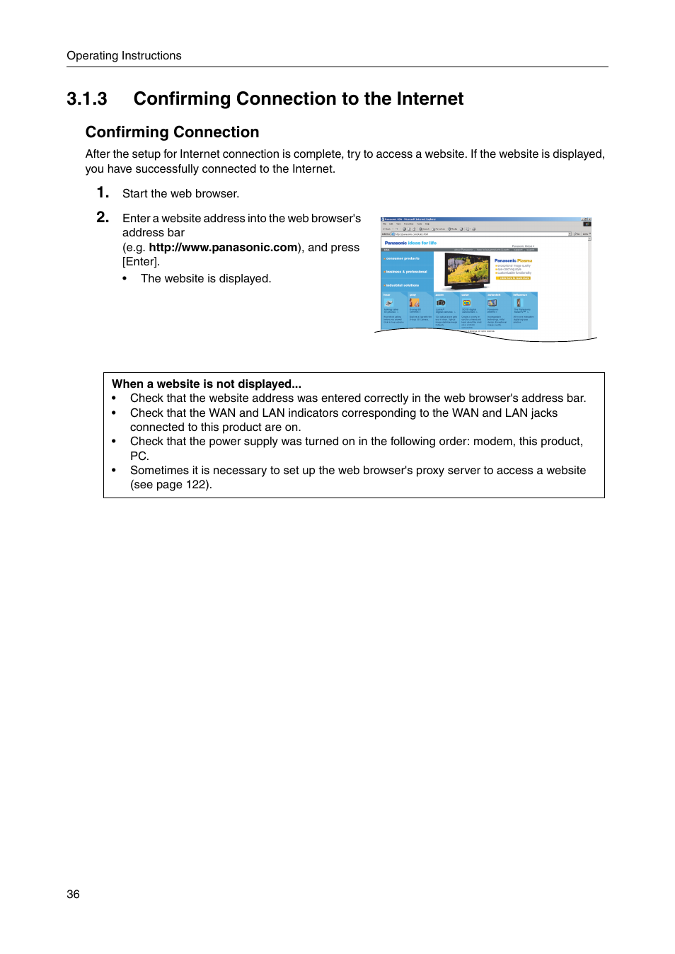 3 confirming connection to the internet, Confirming connection | Panasonic BBHGW700A User Manual | Page 36 / 142