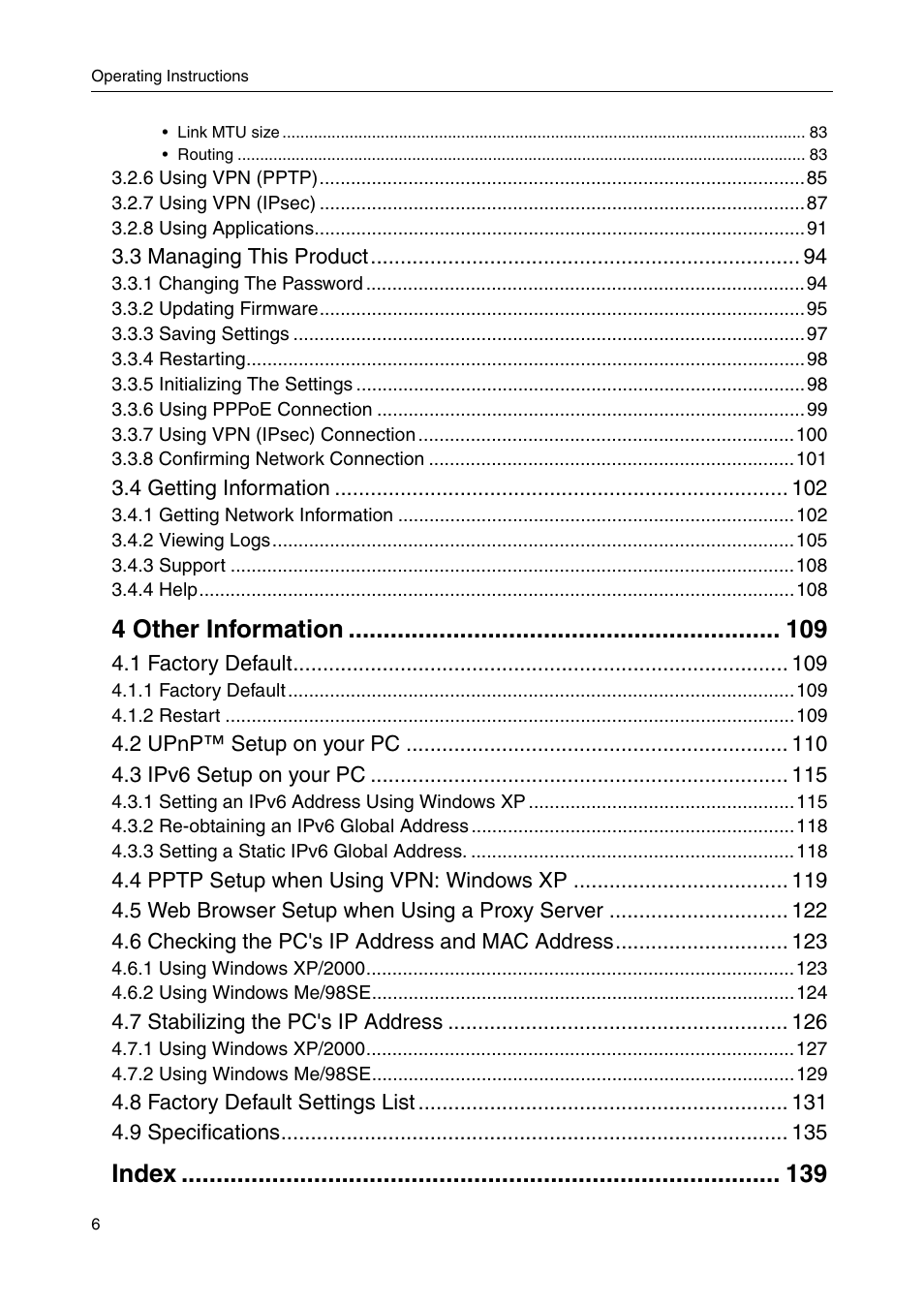 4 other information 109, Index 139, 4 other information | Index | Panasonic BBHGW700A User Manual | Page 6 / 142