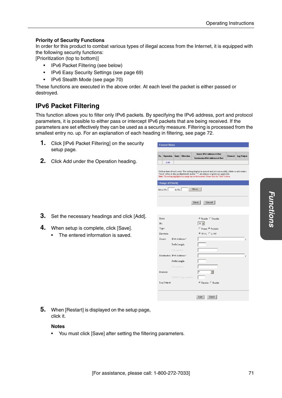 Functions, Ipv6 packet filtering | Panasonic BBHGW700A User Manual | Page 71 / 142