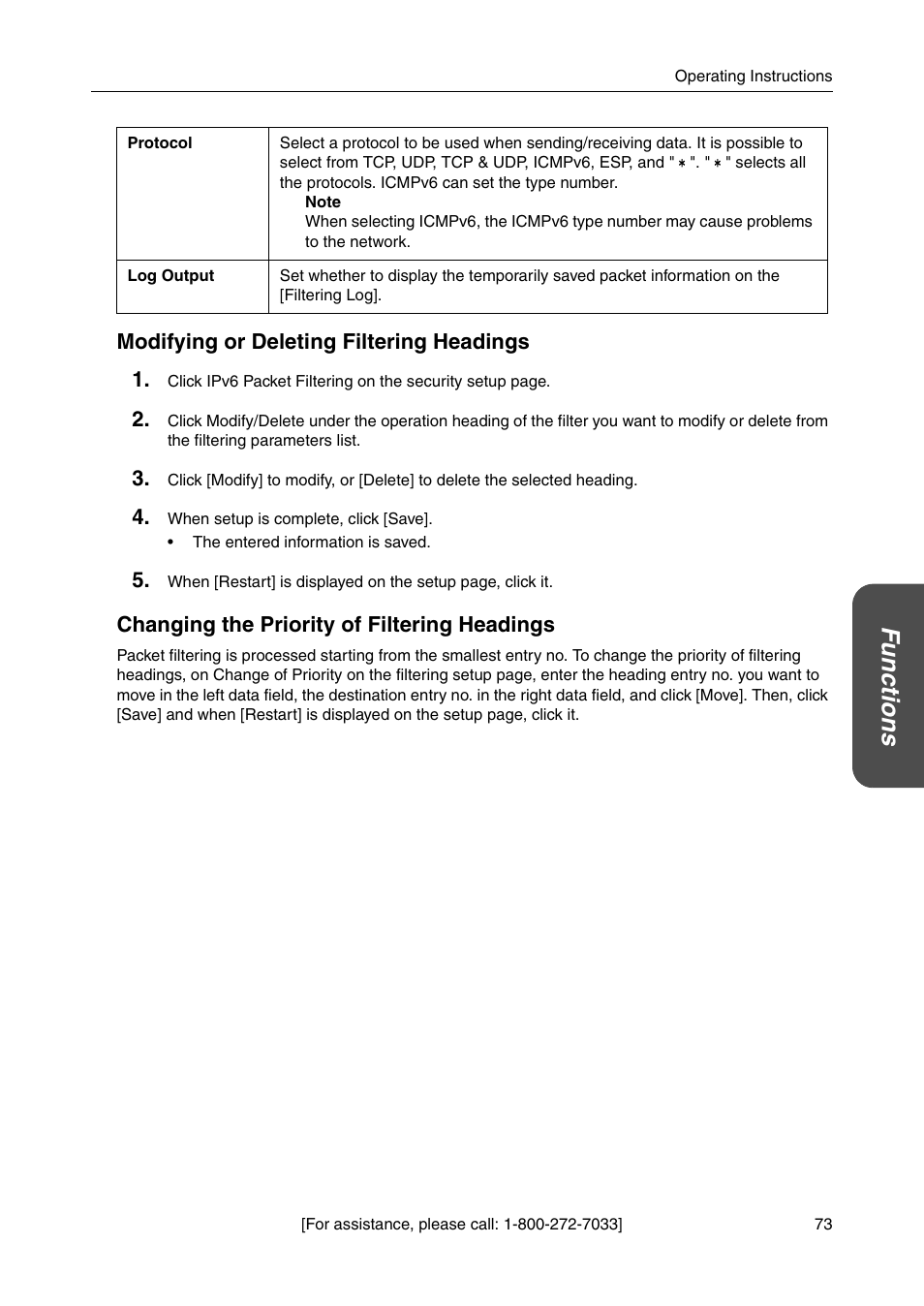 Functions, Modifying or deleting filtering headings 1, Changing the priority of filtering headings | Panasonic BBHGW700A User Manual | Page 73 / 142