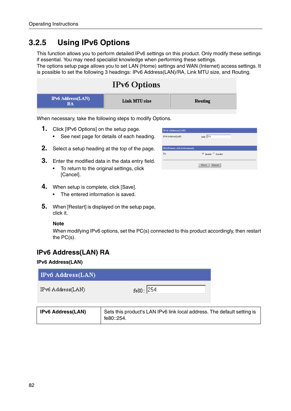 5 using ipv6 options, Ipv6 address(lan) ra, Age 82 | Panasonic BBHGW700A User Manual | Page 82 / 142