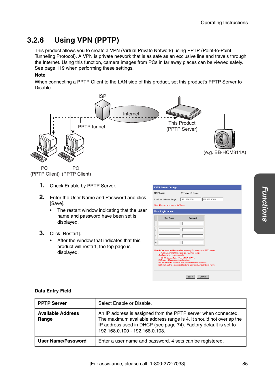 6 using vpn (pptp), Functions 3.2.6 using vpn (pptp) | Panasonic BBHGW700A User Manual | Page 85 / 142