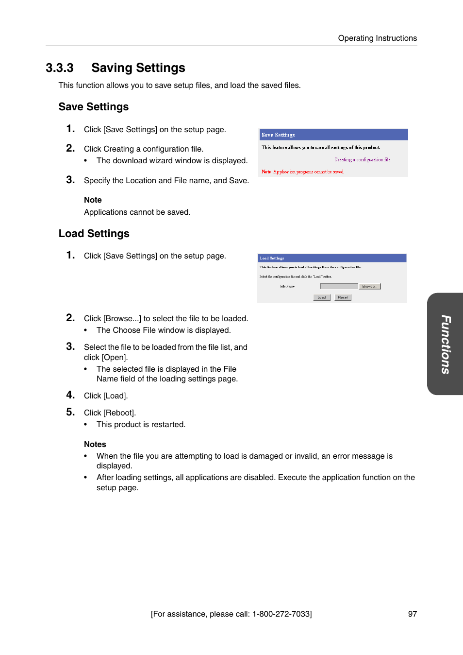 3 saving settings, E 97, Functions 3.3.3 saving settings | Save settings, Load settings | Panasonic BBHGW700A User Manual | Page 97 / 142