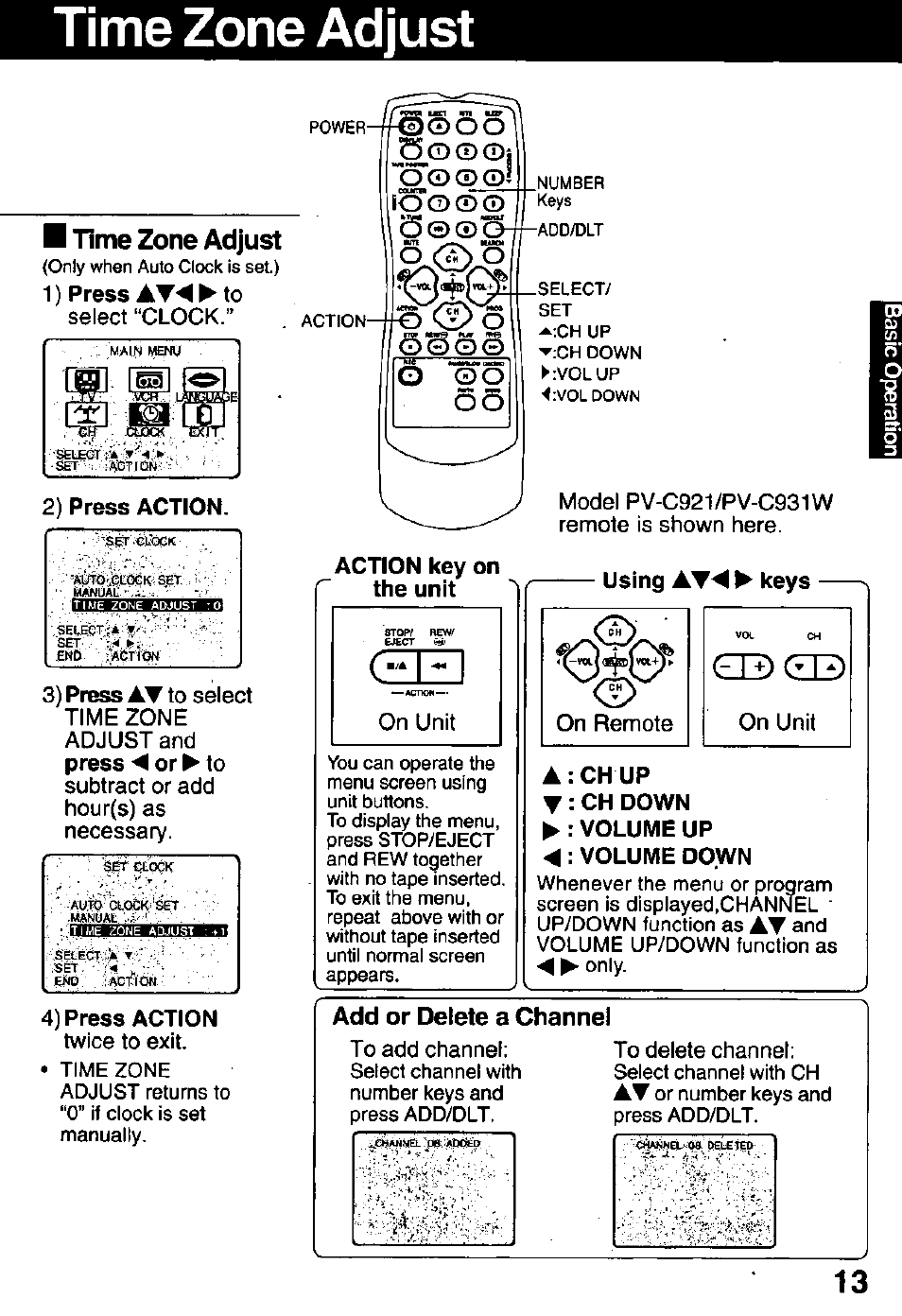 Time zone adjust, Add or delete a channel, Clock, time zone adjust | Panasonic PV-C911 User Manual | Page 13 / 48