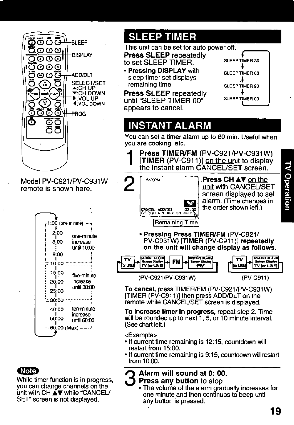 Ô©©o, Sleep timer, Instant alarm | Panasonic PV-C911 User Manual | Page 19 / 48