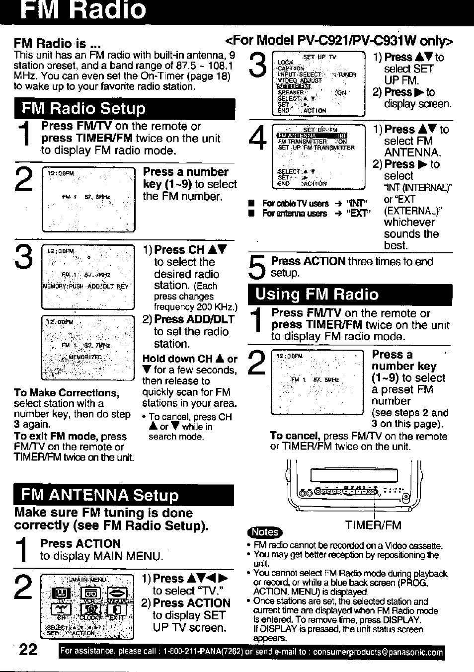 Fm radio is ... <for model pv-c921/pv-c931w only, Press a number, 1) press at | 2) press action, 1) press chat, Fm radio setup, Fm antenna setup, Using fm radio | Panasonic PV-C911 User Manual | Page 22 / 48