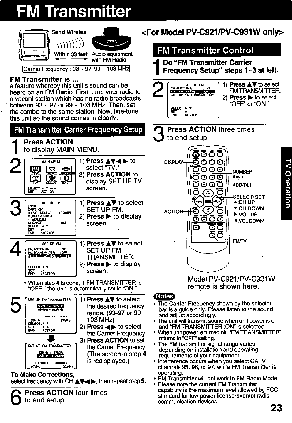 Fm transmitter, For model pv-c921/pv-c931w only, Fm transmitter is | Fm transmitter carrier frequency setup, Press action, Fm transmitter control, Oo o, Bo® o | Panasonic PV-C911 User Manual | Page 23 / 48