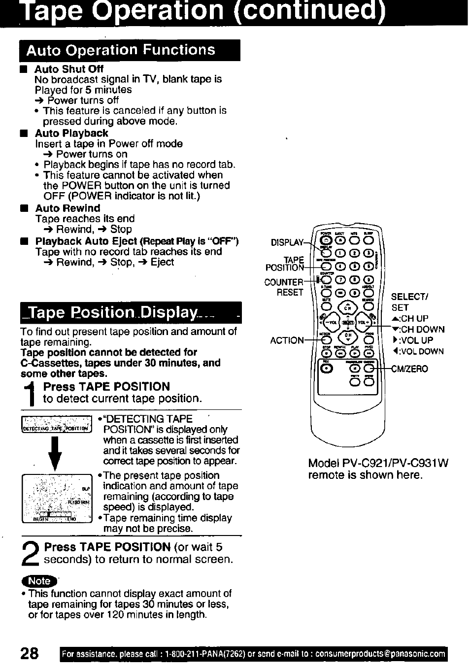 Ape operation (continue, Auto operation functions, Tape position display | Panasonic PV-C911 User Manual | Page 28 / 48