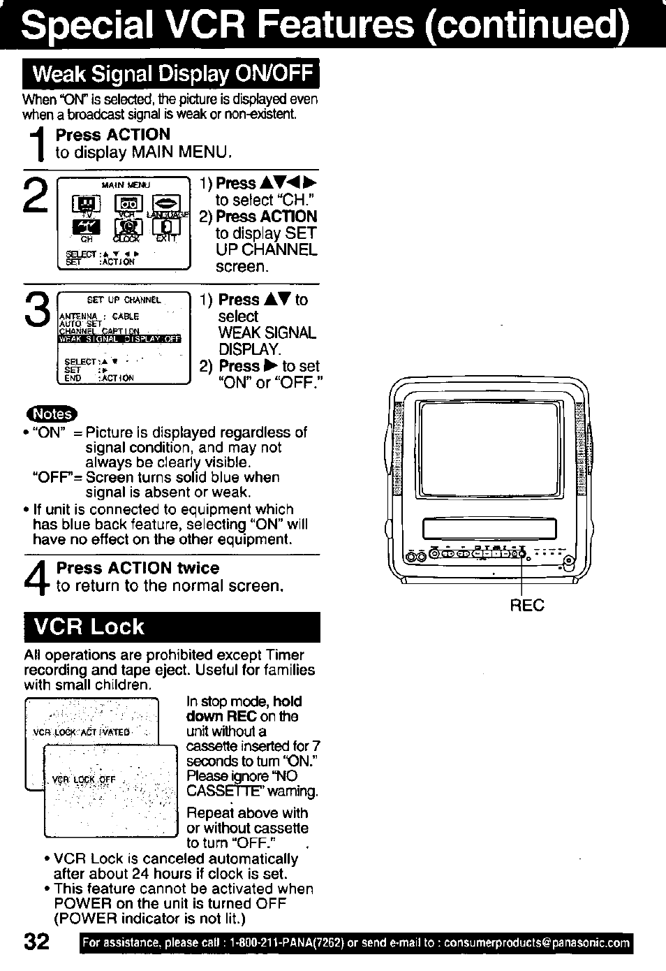 Special vcr features (continued), Weak signal display on/off, Vcr lock | Panasonic PV-C911 User Manual | Page 32 / 48