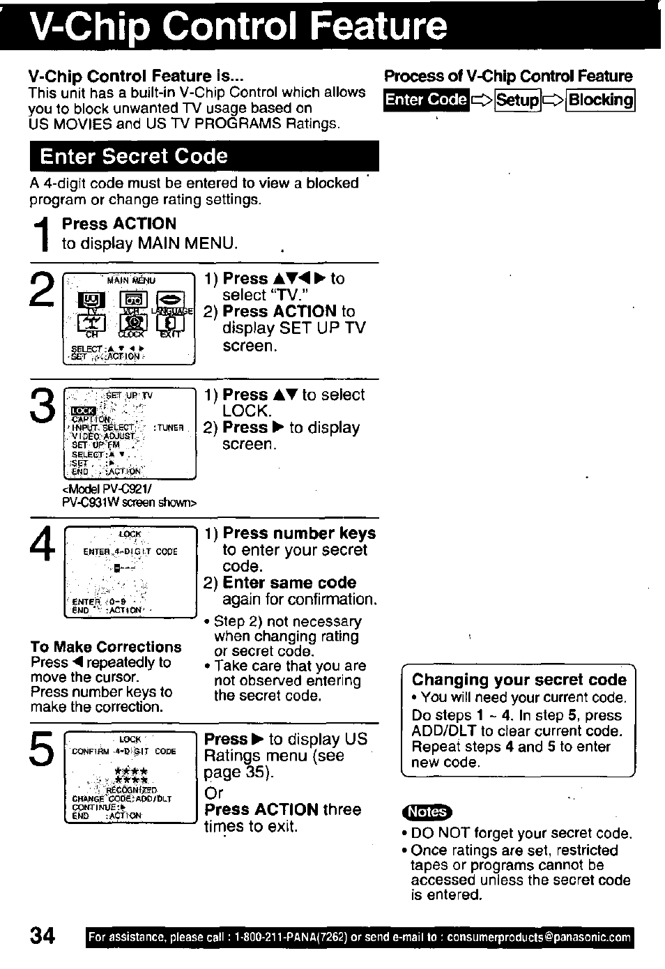 V-chip control feature, V-chip control feature is, Enter secret code | Process of v-chip control feature, Setup i=> blocking, 2) press action to, 1) press number keys, 2) enter same code, Changing your secret code | Panasonic PV-C911 User Manual | Page 34 / 48