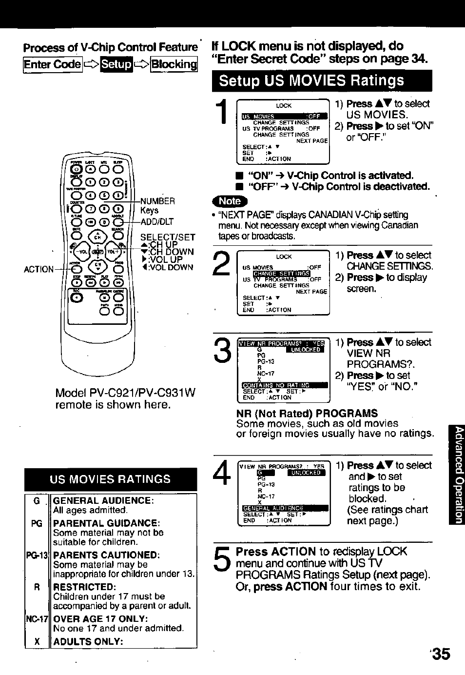 Setup us movies ratings, Eninmmzbai, O © ® o | Panasonic PV-C911 User Manual | Page 35 / 48