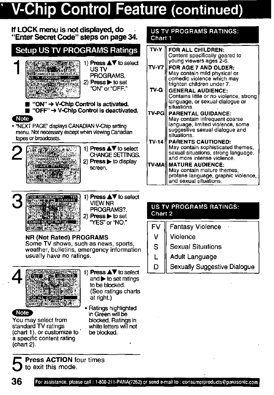 V-chip control feature (continued), Setup us tv programs ratings, V-chip control feature | Continued) | Panasonic PV-C911 User Manual | Page 36 / 48