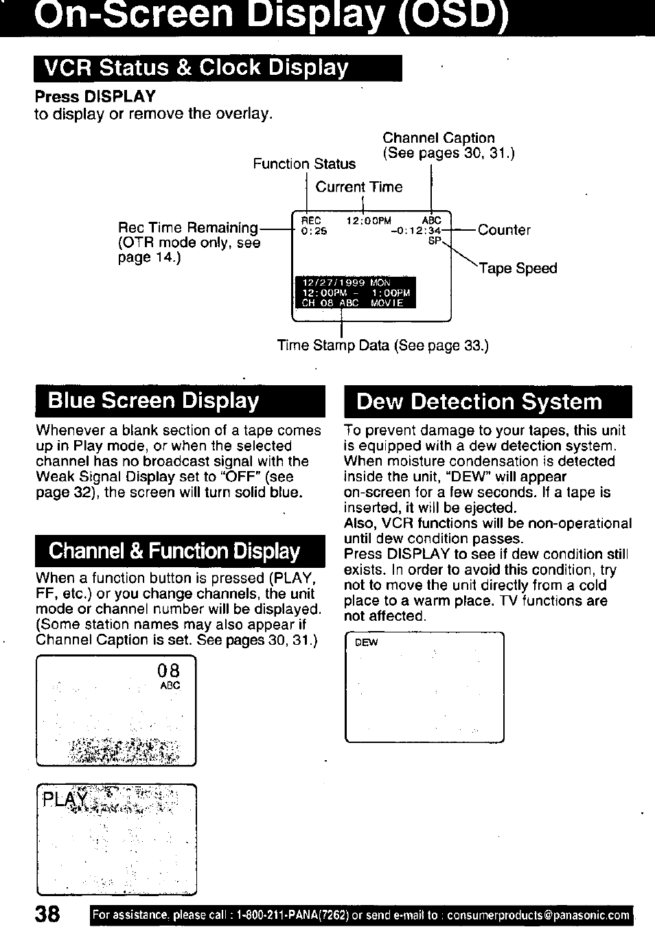 On-screen display (osd), Press display, Vcr status & clock display | Blue screen display, Channel & function display, Dew detection system | Panasonic PV-C911 User Manual | Page 38 / 48