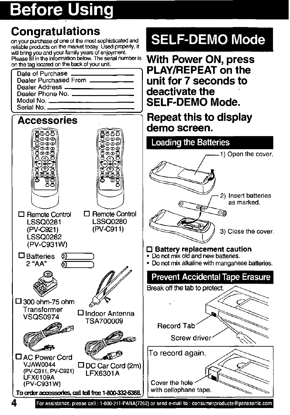 Before using, Loading the batteries, Battery replacement caution | Prevent accidental tape erasure, Self-demo mode, Accessories | Panasonic PV-C911 User Manual | Page 4 / 48
