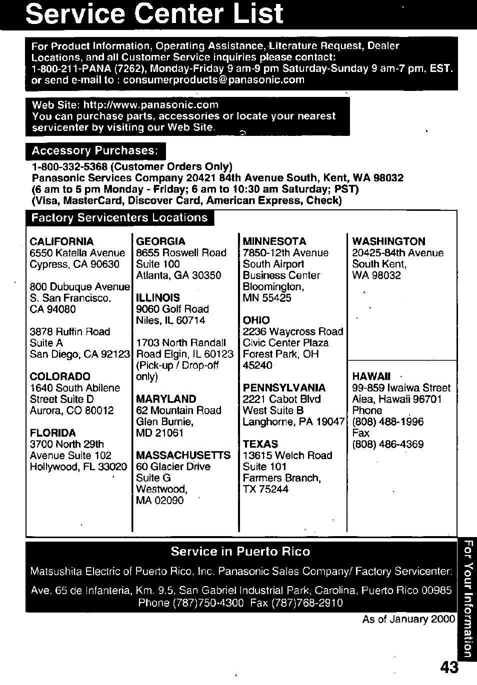 Service center list, Service in puerto rico | Panasonic PV-C911 User Manual | Page 43 / 48