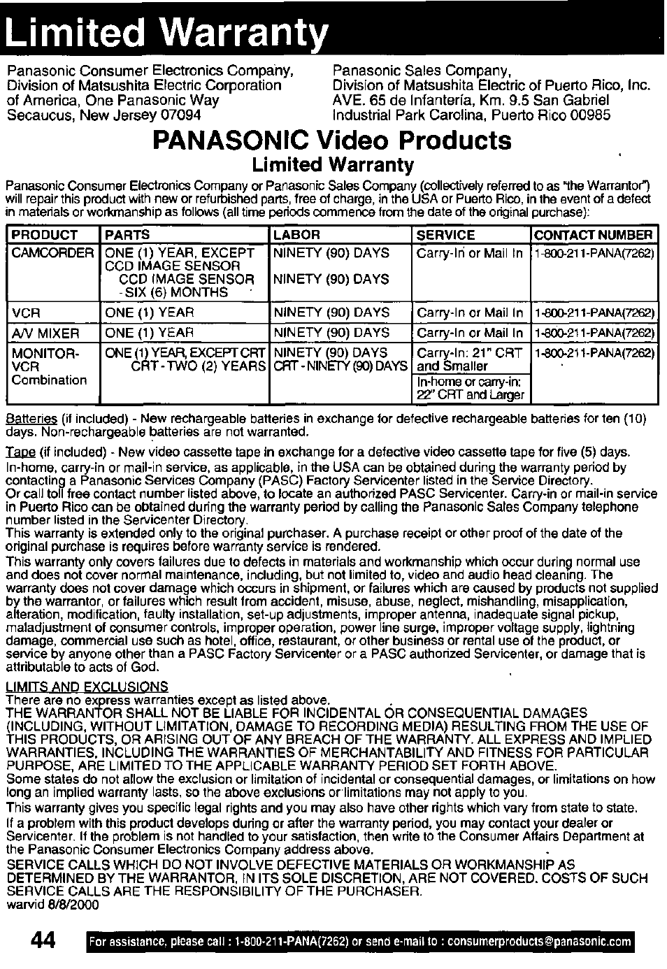 Limited warranty, Panasonic video products | Panasonic PV-C911 User Manual | Page 44 / 48