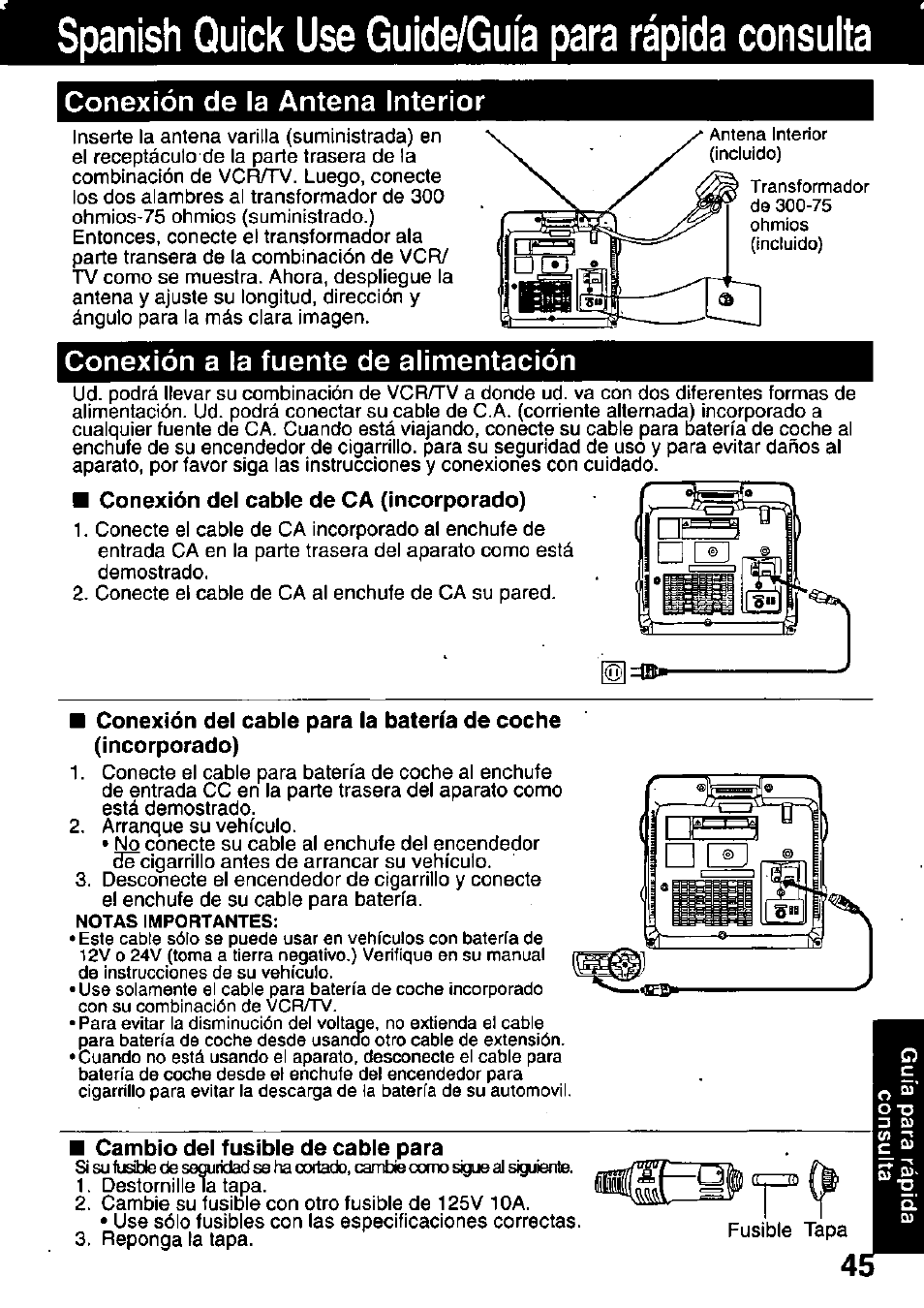 Conexión de la antena interior, Conexión a la fuente de alimentación, Cambio dei fusibie de cabie para | Spanish quick use guide/guia para rápida consulta | Panasonic PV-C911 User Manual | Page 45 / 48