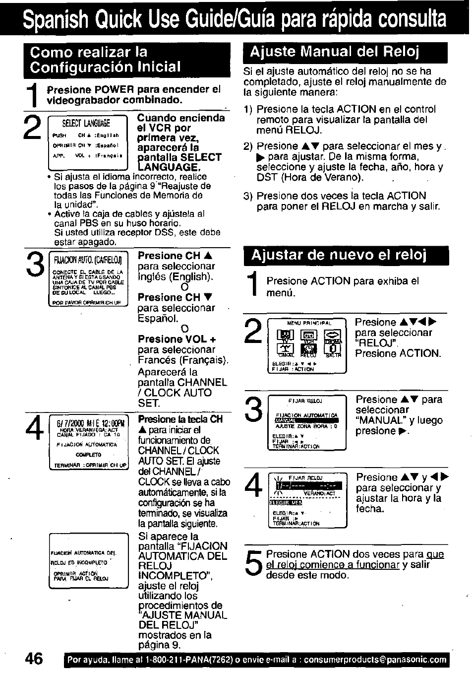Como realizar la configuración inicial, Ajuste manual del reloj, Ajustar de nuevo el reloj | Spanish quick use guide/guia para rápida consulta, At<p | Panasonic PV-C911 User Manual | Page 46 / 48