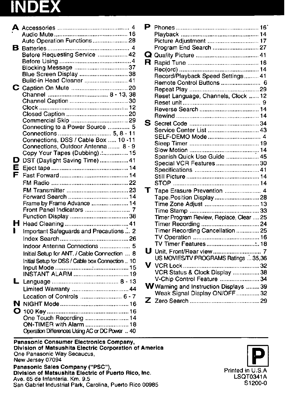 Index | Panasonic PV-C911 User Manual | Page 48 / 48