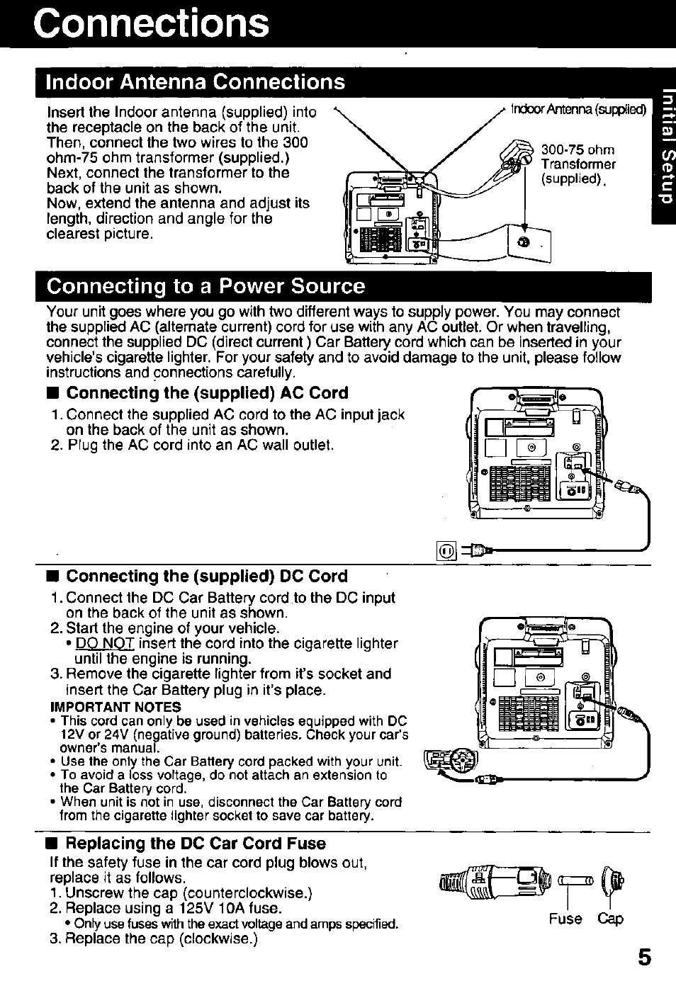 Connections, Connecting to a power source, Connecting the (supplied) ac cord | Connecting the (suppiied) dc cord, Replacing the dc car cord fuse | Panasonic PV-C911 User Manual | Page 5 / 48