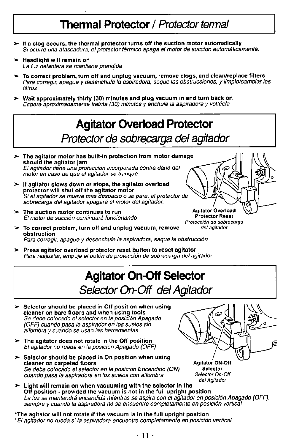 Agitator overload protector, Agitator on-off selector, Protector de sobrecarga del agitador | Selector on-off del agitador | Panasonic MC-V7407D User Manual | Page 11 / 24