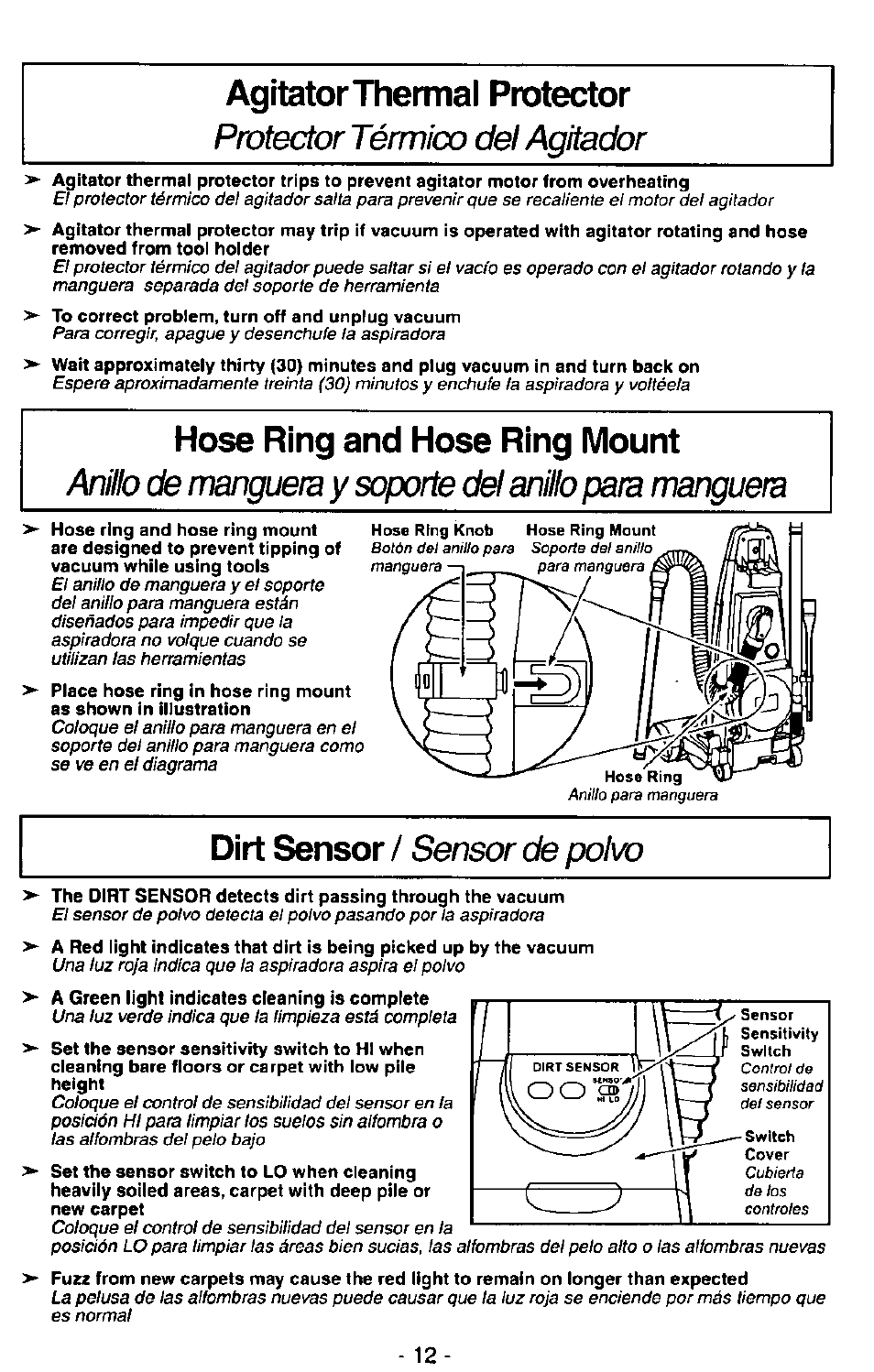 Agitator thermal protector, Hose ring and hose ring mount, Protector térmico del agitador | Panasonic MC-V7407D User Manual | Page 12 / 24