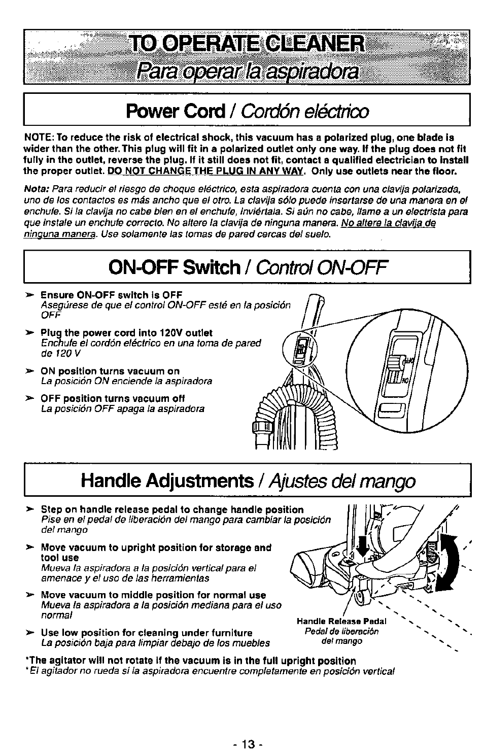 Moperætbslleaner, On-off switch / control on-off, Handle adjustments / ajustes del mango | On-off switch / control, On-off, Power cord, On-off switch, Handle adjustments, Cordón eléctrico, Control on-off | Panasonic MC-V7407D User Manual | Page 13 / 24