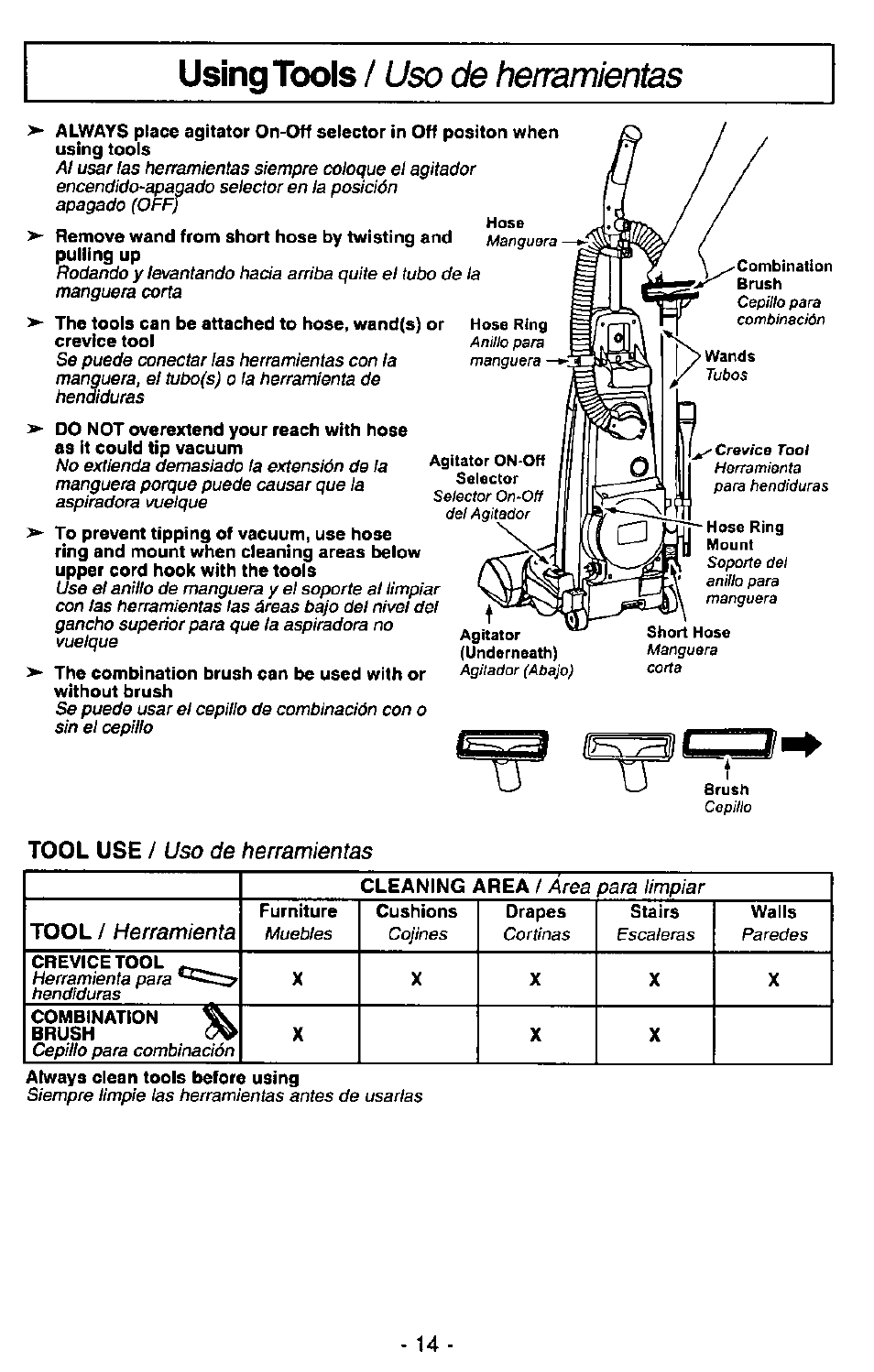 Using tools, Uso de herramientas, Tool use | Tool, Herramienta | Panasonic MC-V7407D User Manual | Page 14 / 24