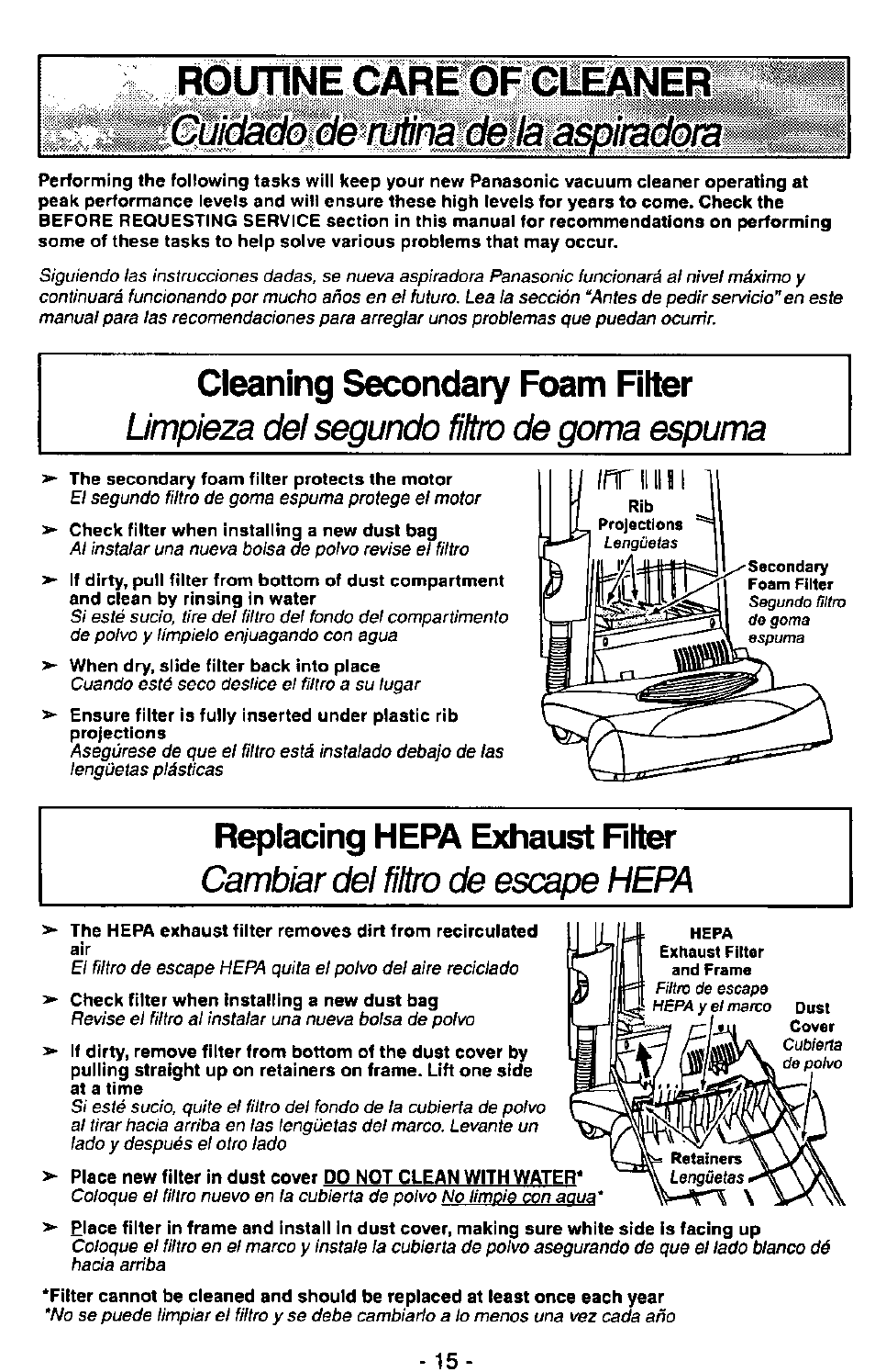 Routine cáréi^feileanei^ i, Cleaning secondary foam filter, Replacing hepa exhaust filter | Cáréi^feileanei^ i, Routine, Limpieza del segundo filtro de goma espuma, Cambiar del filtro de escape hepa | Panasonic MC-V7407D User Manual | Page 15 / 24