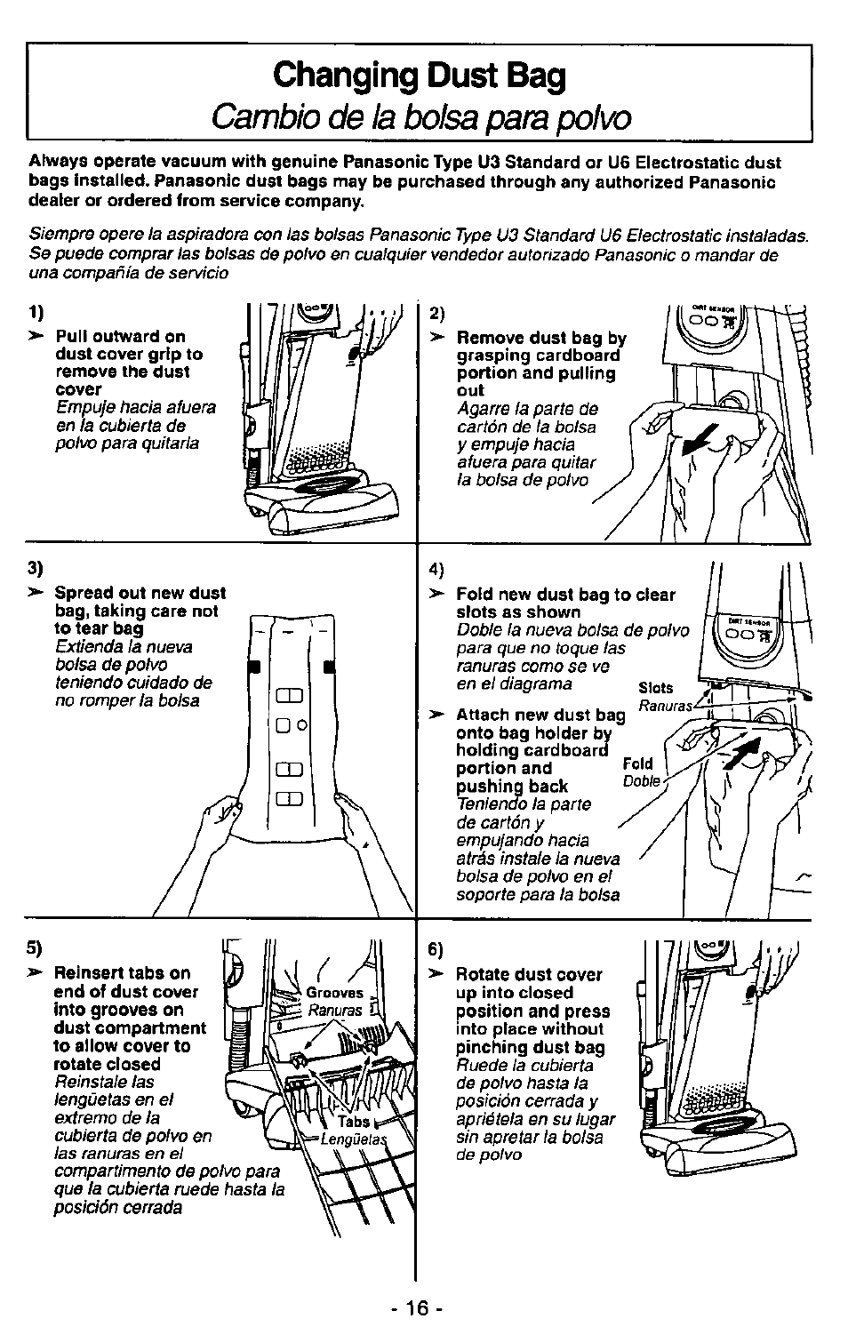 Changing dust bag, Cambb de la txdlsa para polvo | Panasonic MC-V7407D User Manual | Page 16 / 24