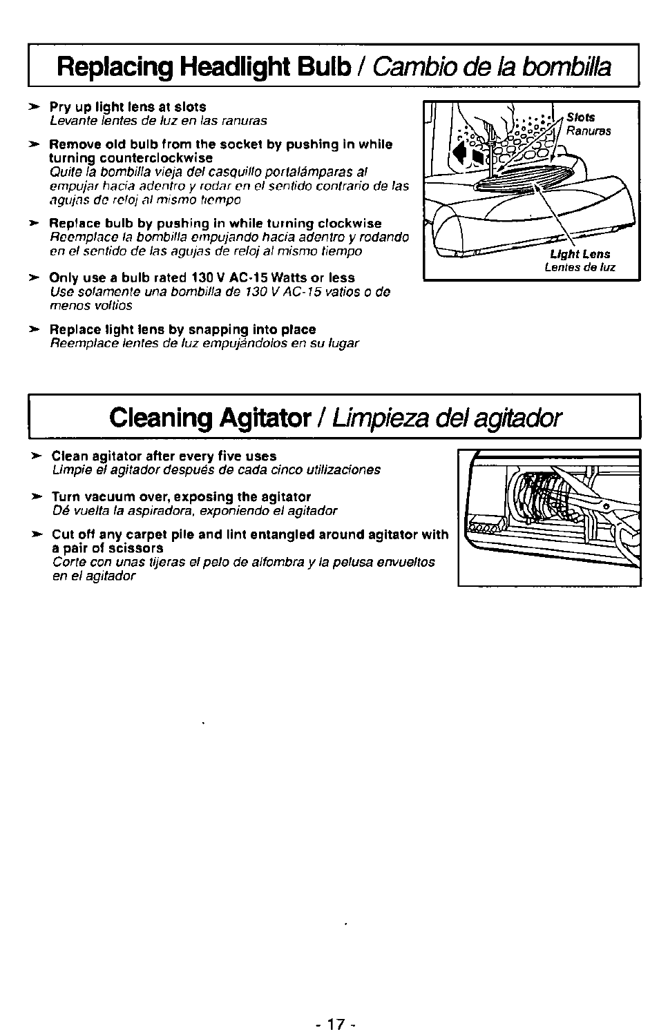 Replacing headlight bulb / cambio de la bombilla, Replacing headlight bulb, Cleaning agitator | Cambio de la bombilla, Limpieza del agitador | Panasonic MC-V7407D User Manual | Page 17 / 24