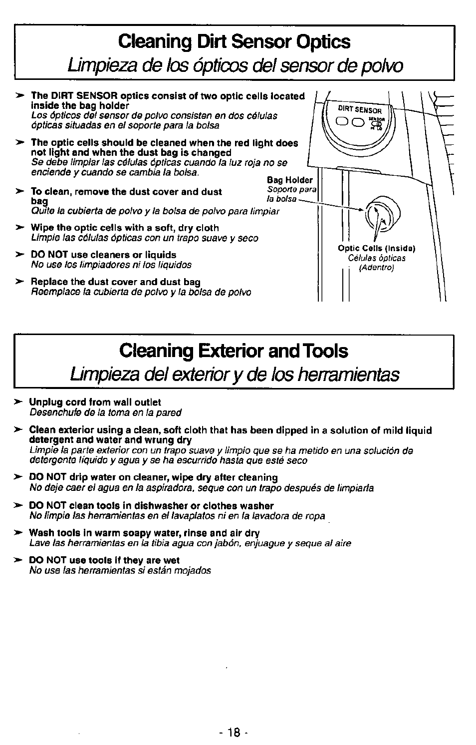 Cleaning dirt sensor optics, Cleaning exterior and tools, Limpieza de bs óptícos del sensor de polvo | Limpieza del exterior y de los herramientas | Panasonic MC-V7407D User Manual | Page 18 / 24
