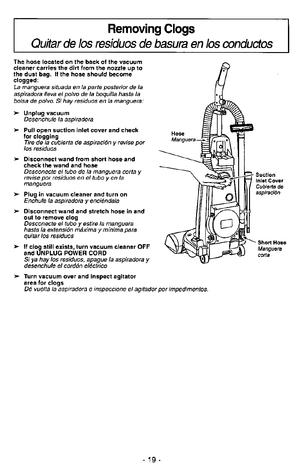 Removing clogs, Quitar de los residuos de basura en los conductos | Panasonic MC-V7407D User Manual | Page 19 / 24