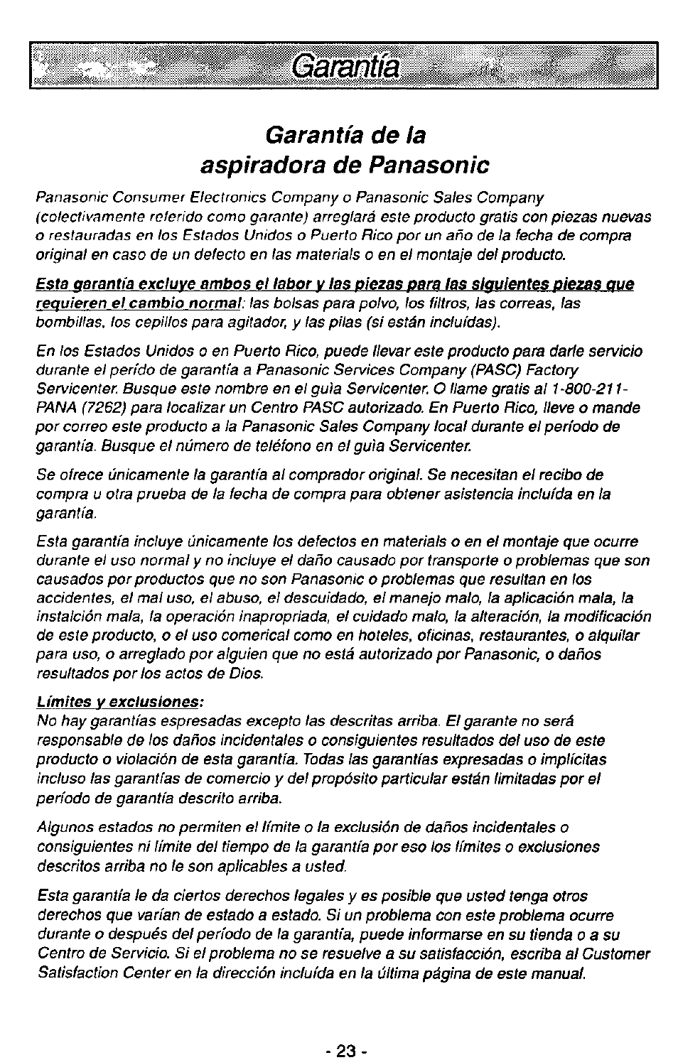 Garantía de ta aspiradora de panasonic | Panasonic MC-V7407D User Manual | Page 23 / 24