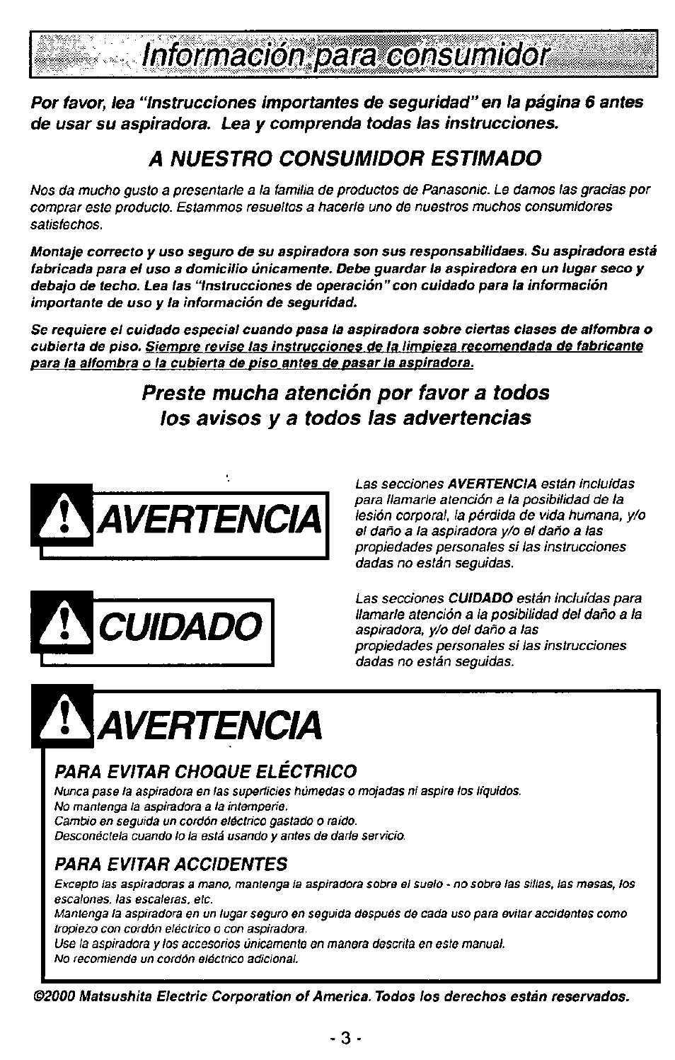 Avertencia, Cuidado, Informacipoípa^mmsümidor | Panasonic MC-V7407D User Manual | Page 3 / 24