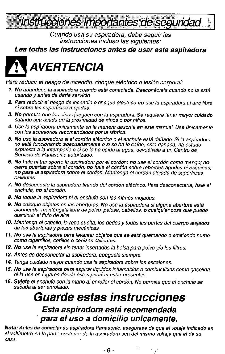 Avertencia, Guarde estas instrucciones, Lnstr№©nesimp0rtantesdesegundad | Panasonic MC-V7407D User Manual | Page 6 / 24