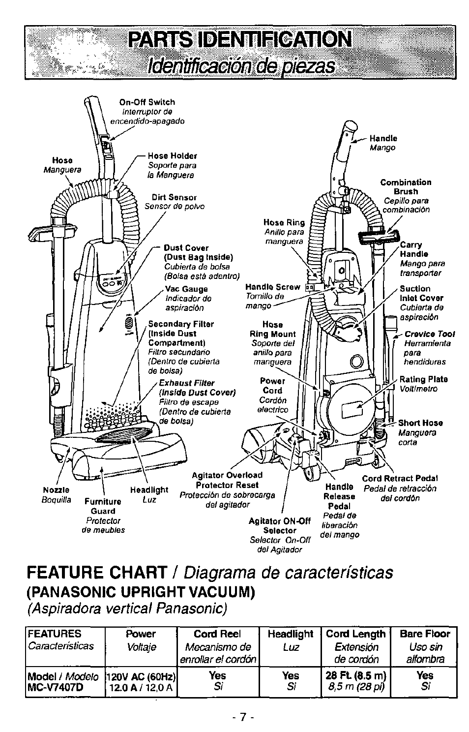 Ilrtb identililfatign, Panasonic upright vacuum), Laei:imcaeimide,[xezas | Diagrama de características, Feature chart, Aspira<jora vertical panasonic) | Panasonic MC-V7407D User Manual | Page 7 / 24
