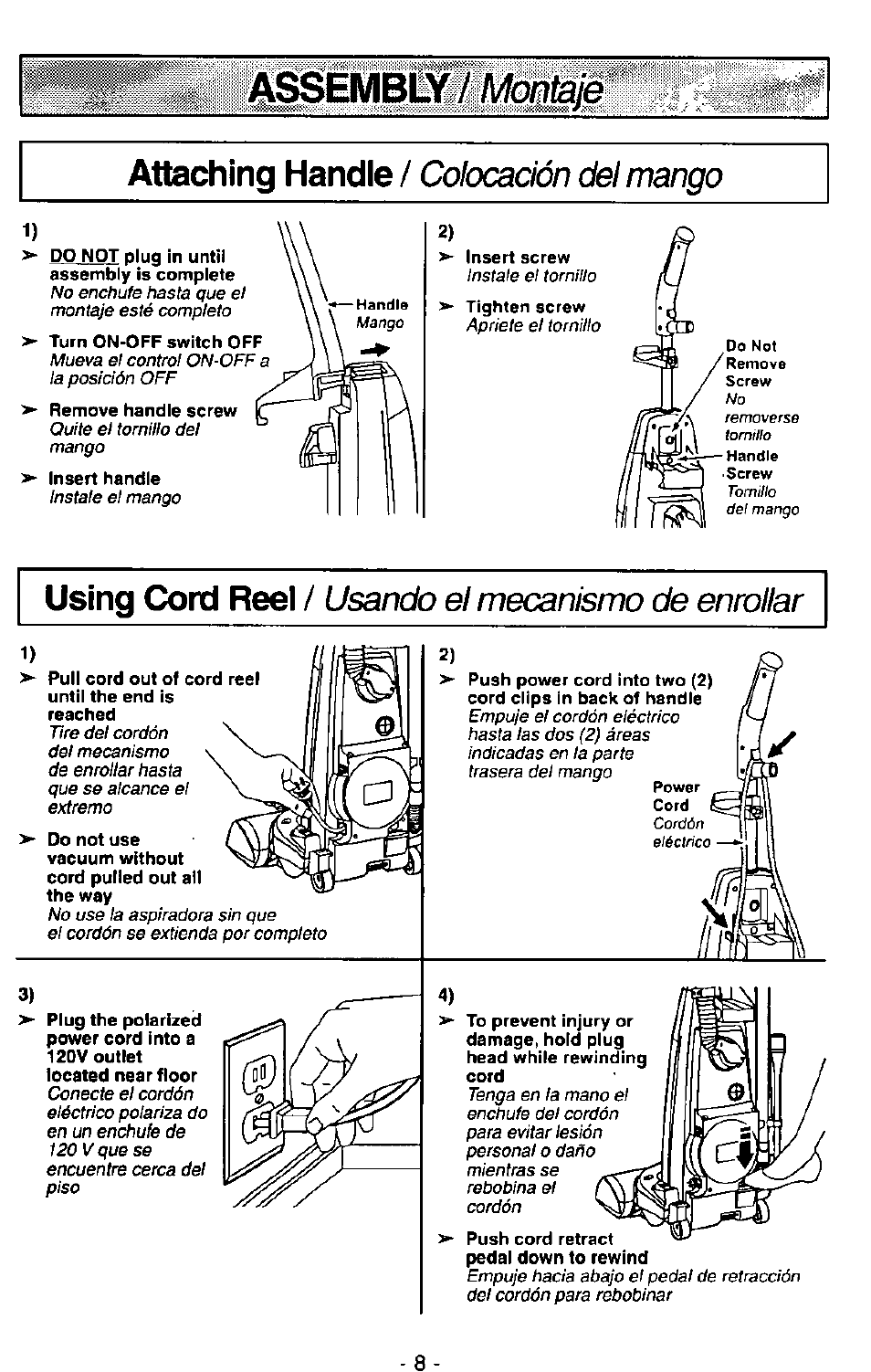 Using cord reel, Usando el mecanismo de enrollar | Panasonic MC-V7407D User Manual | Page 8 / 24