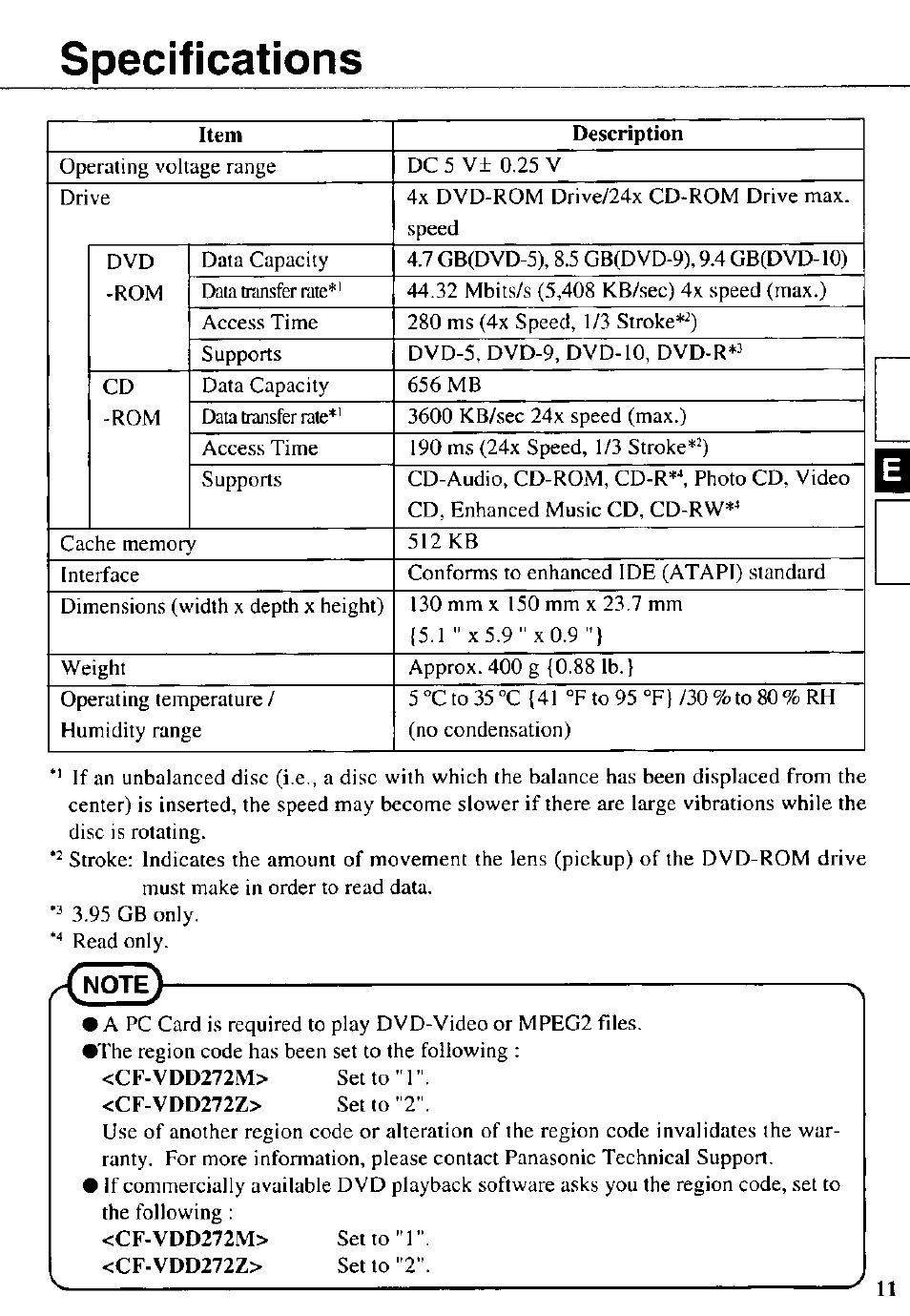 Specifications | Panasonic CF-VDD272 User Manual | Page 11 / 28